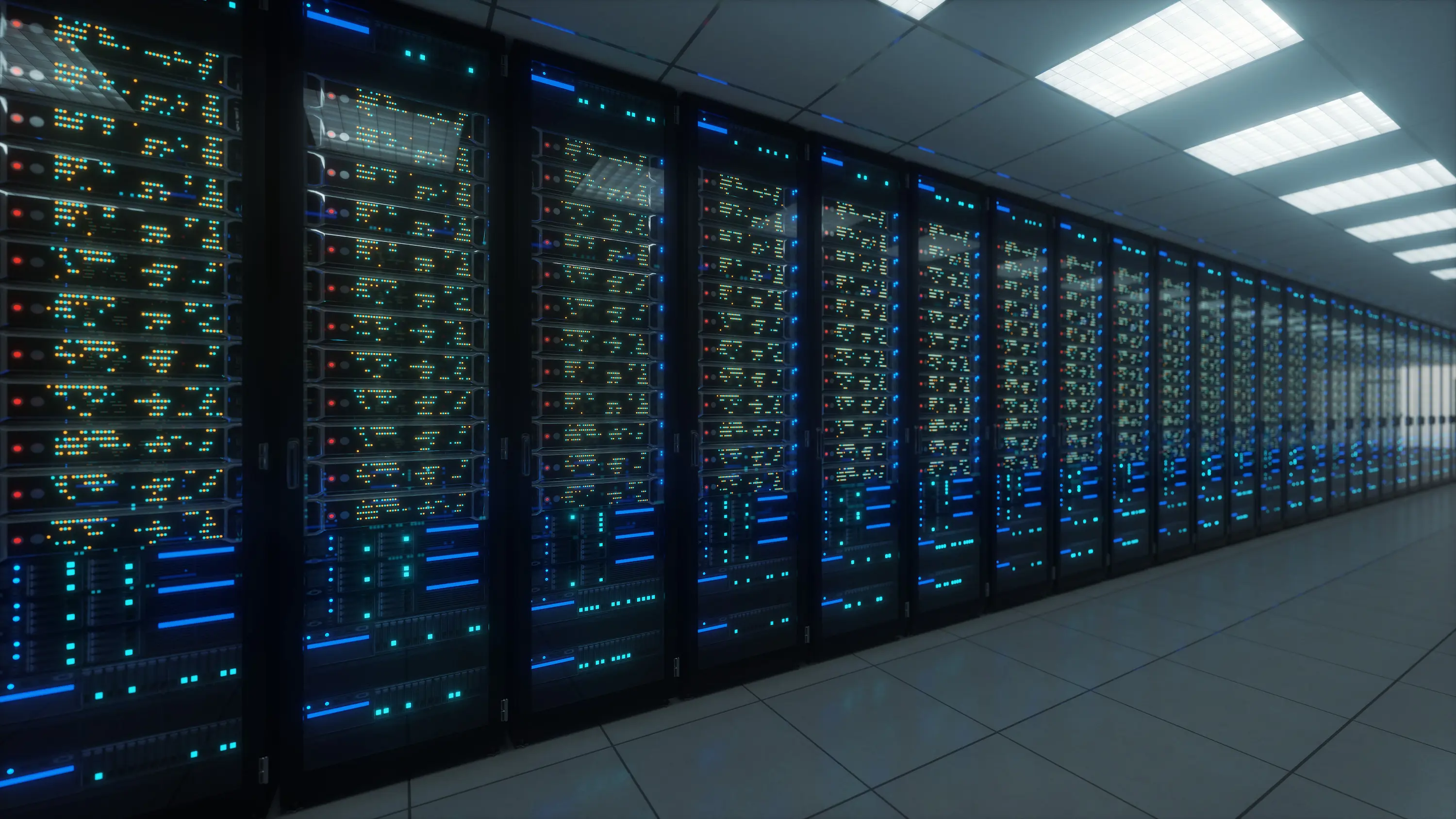 Modern interior server room data center. Connection and cyber network in dark servers.