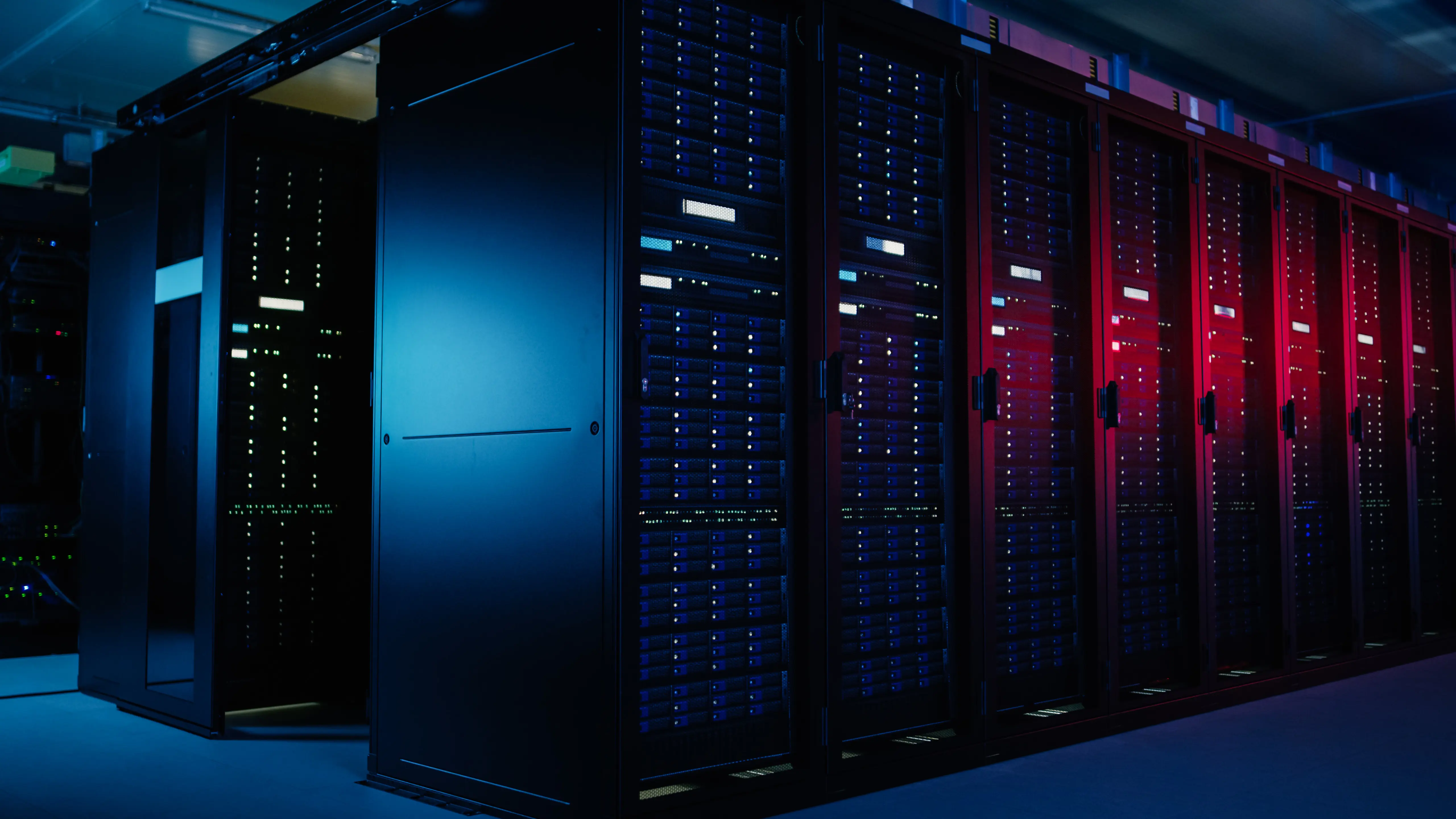 Shot of Data Center With Multiple Rows of Fully Operational Server Racks. Modern Telecommunications