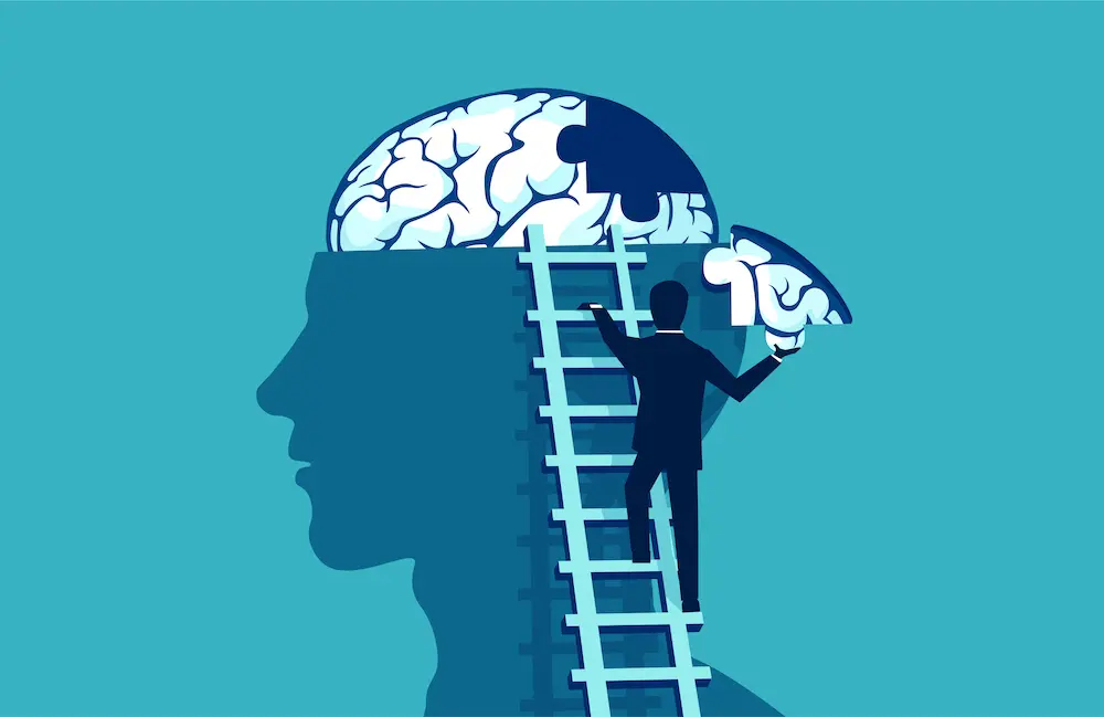 Brain puzzle vector concept. Business man climbing up the stairs reaching human head to add piece of brain puzzle.